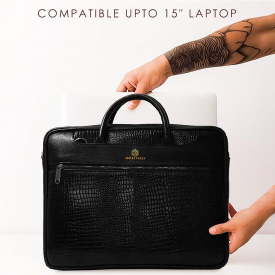 Croc-Textured Fingerlock Smart Leather Laptop Bag